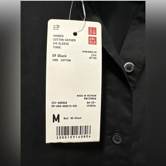 NWT Women Uniqlo Gather 3/4 Sleeve Oversized Tunic Black 100% Cotton Sz Medium - Picture 3 of 5